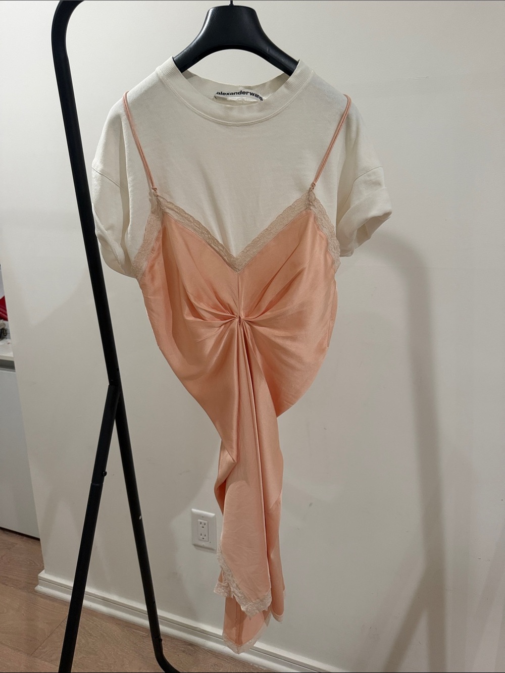 Alexander Wang Cream Tee with Peach Slip dress Overlay